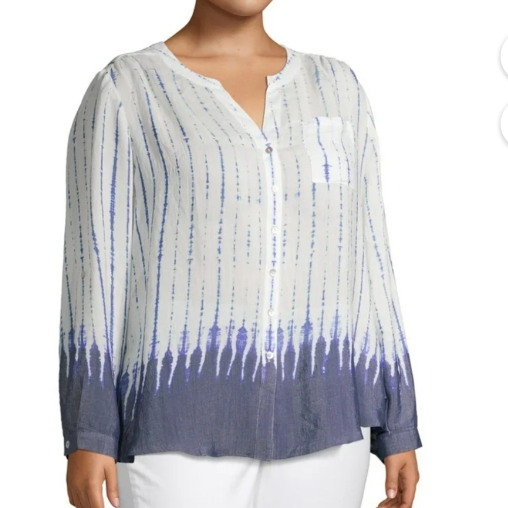 Zac & Rachel boho tie dye ombre white blue button down lightweight blouse. 2X